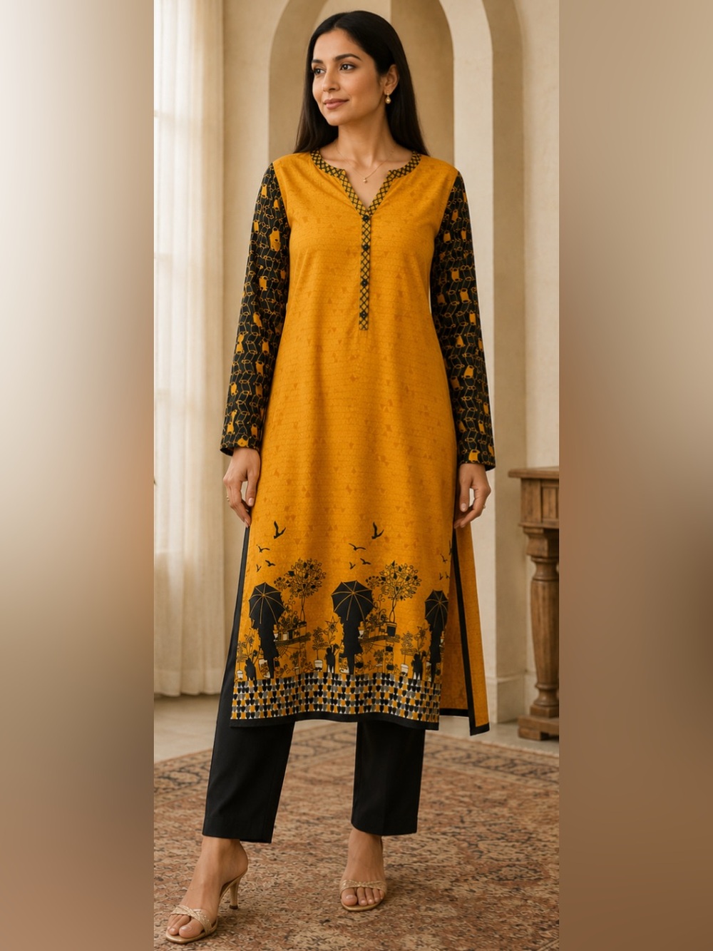 Biba Mustard and Black Printed Long Sleeve Dress 36